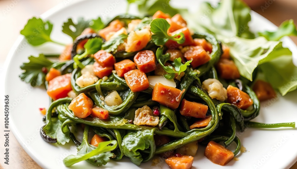 A plate of stir-fried green beans with orange and red vegetables. A plate of stir-fried green beans with orange and red vegetables.