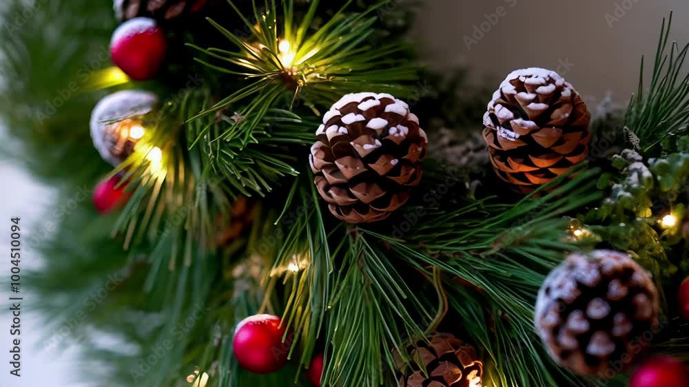 Close-Up of Snow-Dusted Pine Cones and Red Berries with Glowing Lights Close-Up of Snow-Dusted Pine Cones and Red Berries with Glowing Lights