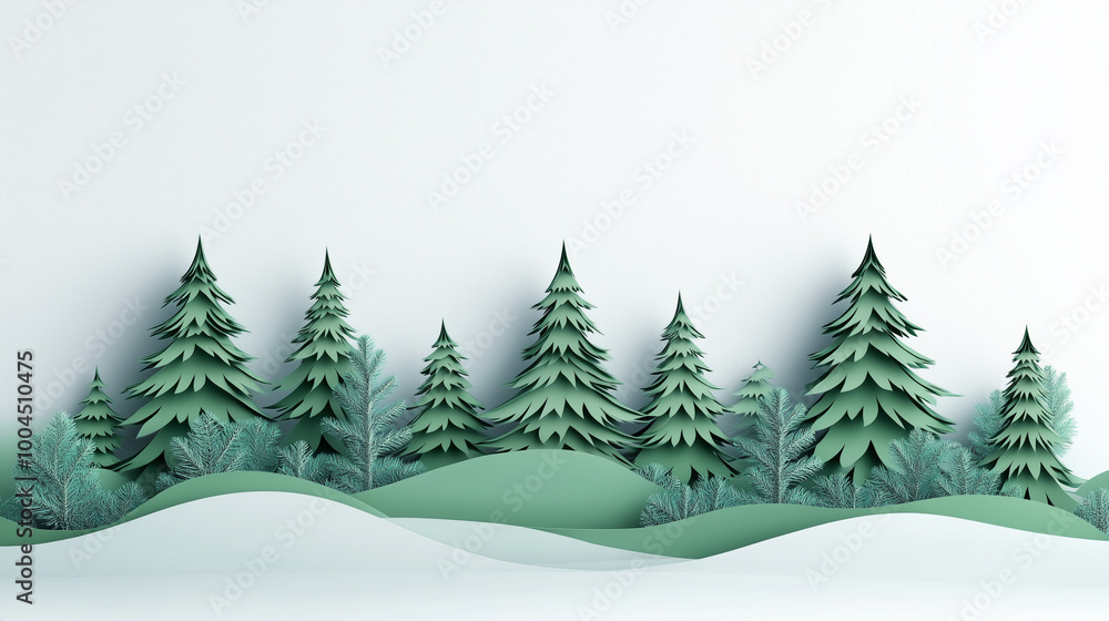 Obraz premium Paper cut forest scene with Christmas trees on white background in minimalist design