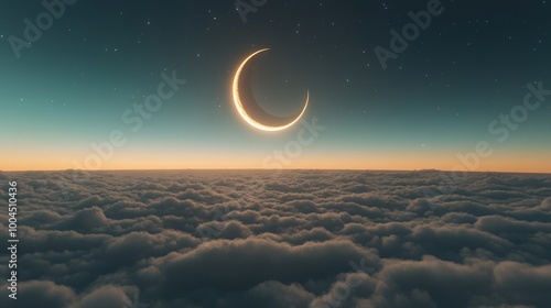 Serene Crescent Moon over Cloudy Sky