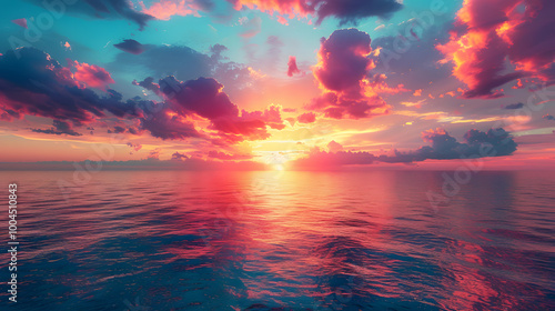 Stunning Sunset Over Calm Ocean With Vibrant Colors and Dramatic Clouds