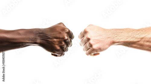 Close-up photo of two arms different race skin color isolated on white background