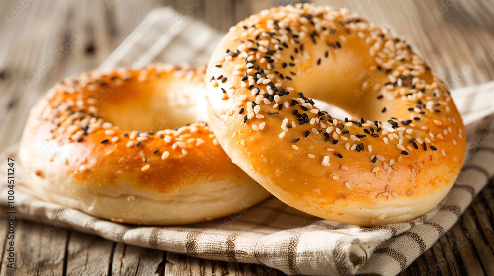 Fresh baked sesame bagels on rustic cloth Fresh baked sesame bagels on rustic cloth