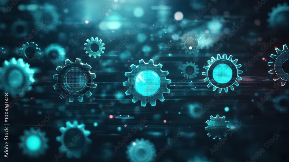 Abstract composition of floating gears, glowing holographic effect, dark futuristic background, metallic textures, digital art Abstract composition of floating gears, glowing holographic effect, dark futuristic background, metallic textures, digital art