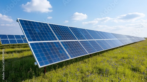 Wildflower meadow beneath solar panels, merging renewable energy with biodiversity conservation photo