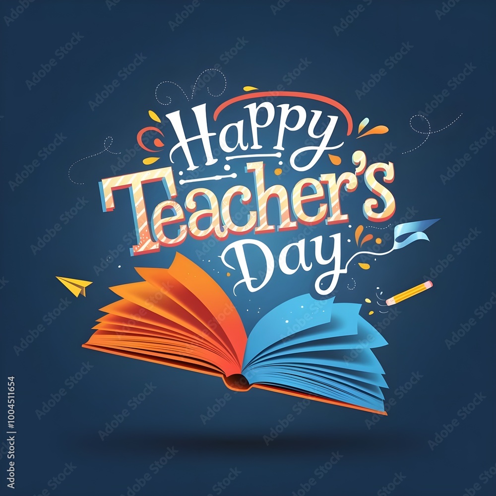 Obraz premium A vibrant Teachers' Day greeting card featuring a colorful book and pencils, celebrating the joy of education and appreciation