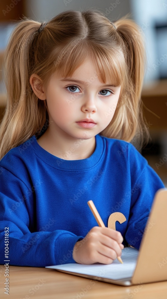 A young girl with blonde pigtails engages in online learning at the kitchen table, reviewing material and taking notes in a cozy and modern home setting A young girl with blonde pigtails engages in online learning at the kitchen table, reviewing material and taking notes in a cozy and modern home setting
