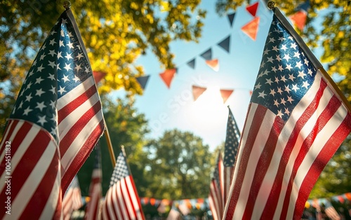 Colorful celebration with American flags and festive bunting under a bright sky in a sunlit park during a summer gathering