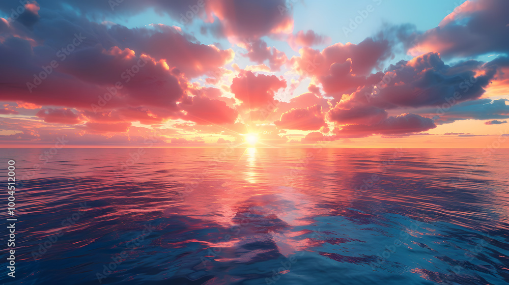 Fototapeta premium Stunning Sunset Over Calm Ocean With Vibrant Colors and Dramatic Clouds