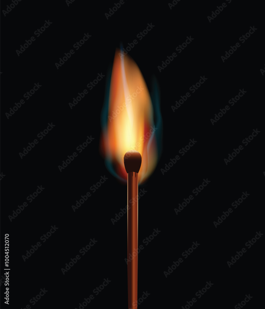 Lit match stick burning with fire flame. Wooden match, hot and glowing red isolated on transparent background. Abstract realistic horizontal vector illustration. Match design. Vector illustration Lit match stick burning with fire flame. Wooden match, hot and glowing red isolated on transparent background. Abstract realistic horizontal vector illustration. Match design. Vector illustration