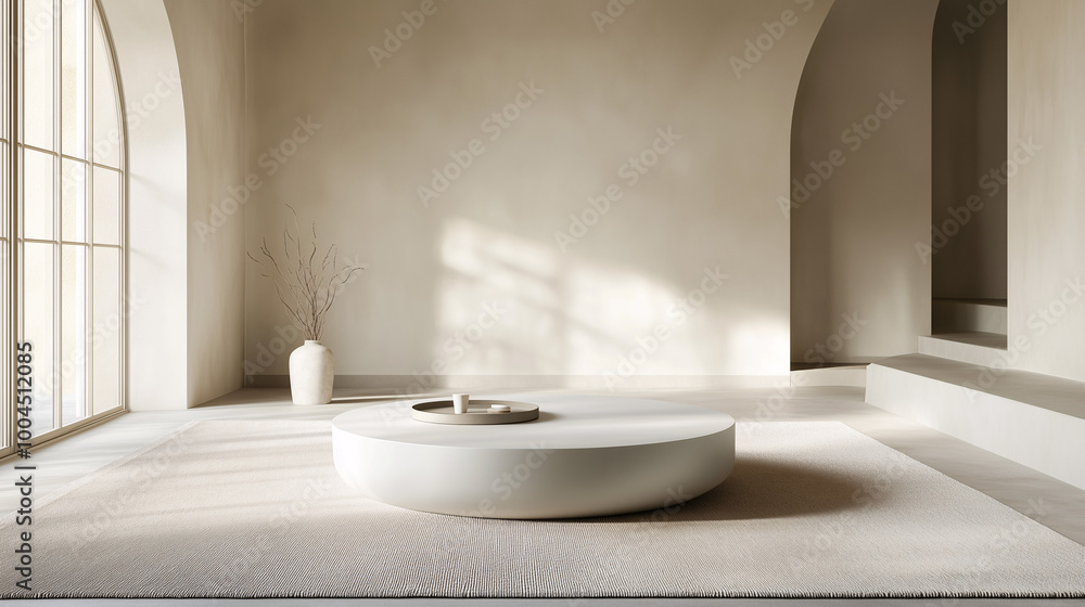 A minimalist living room with a round, white coffee table and a soft, neutral-colored rug. The space is uncluttered, with minimal furniture and bright, natural lighting A minimalist living room with a round, white coffee table and a soft, neutral-colored rug. The space is uncluttered, with minimal furniture and bright, natural lighting