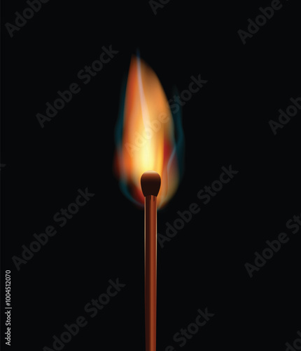 Lit match stick burning with fire flame. Wooden match, hot and glowing red isolated on transparent background. Abstract realistic horizontal vector illustration. Match design. Vector illustration