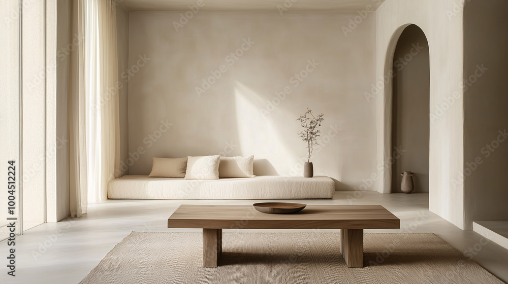 A minimalist living room with a simple wooden bench used as a coffee table, paired with a neutral sofa. The room is uncluttered, with just a few tasteful decor items A minimalist living room with a simple wooden bench used as a coffee table, paired with a neutral sofa. The room is uncluttered, with just a few tasteful decor items
