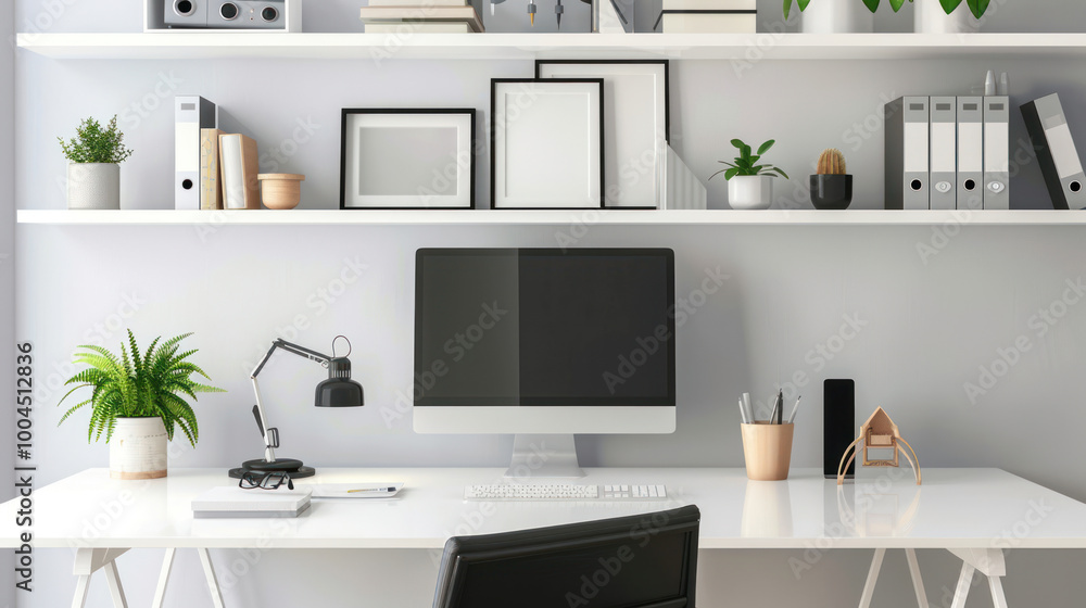 A minimalist home office with floating shelves and a clean desk setup, offering sleek and efficient storage. A minimalist home office with floating shelves and a clean desk setup, offering sleek and efficient storage.
