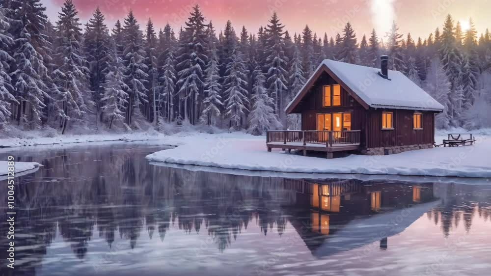 Cozy cabin by a river in a snowy forest at sunset with warm glowing lights, video HD Cozy cabin by a river in a snowy forest at sunset with warm glowing lights, video HD