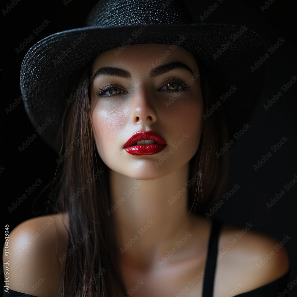 An alluring image of a woman with striking red lips, wearing a chic hat and exuding mystery, her alluring expression captured in an exquisite portrait against dark setting. An alluring image of a woman with striking red lips, wearing a chic hat and exuding mystery, her alluring expression captured in an exquisite portrait against dark setting.