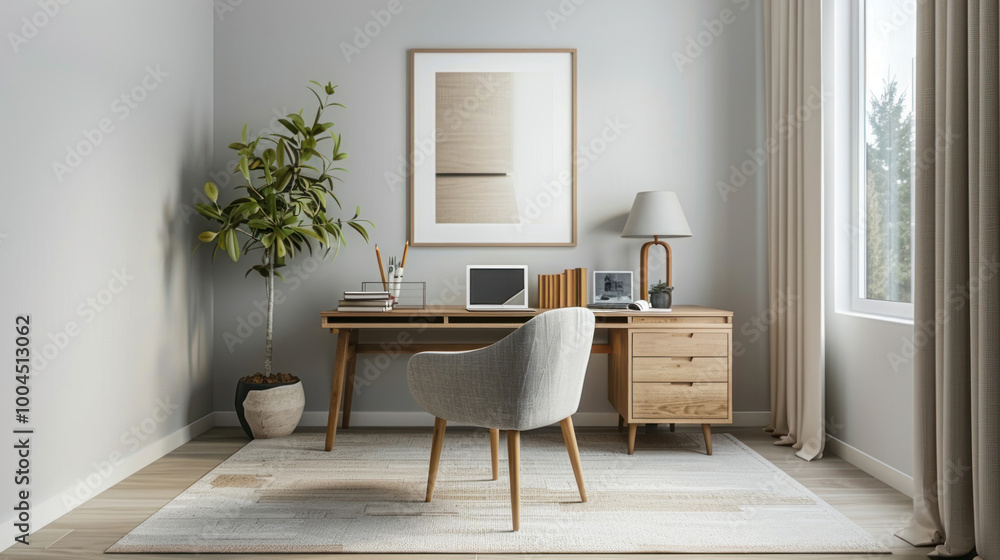 A minimalist home office with simple yet stylish decor, featuring clean lines, neutral colors, and functional artwork. A minimalist home office with simple yet stylish decor, featuring clean lines, neutral colors, and functional artwork.