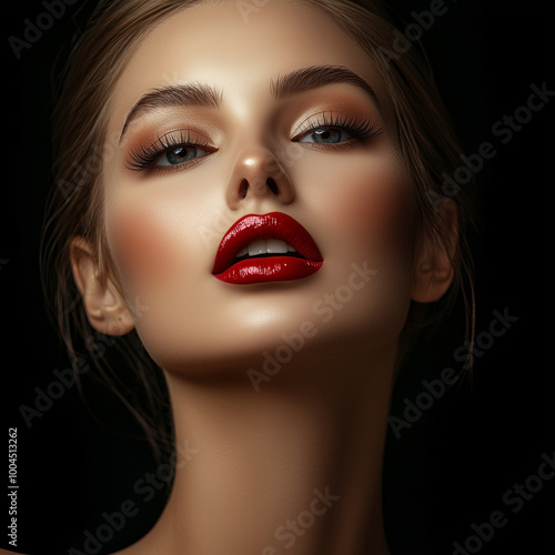 Wallpaper Mural A striking portrait of a woman with bold red lips against a dark background, showcasing artistry and elegance, emphasizing strong fashion statements. Torontodigital.ca