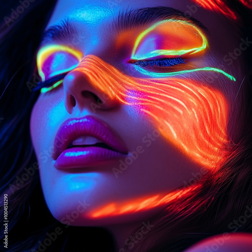 A close-up image of a woman's face illuminated by vibrant neon lights, creating an abstract and ethereal ambiance with intricate light patterns and colors.