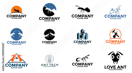 Big set of ant Insect logo. Creative work characters. Workers company. Black silhouette logotype. building corporate