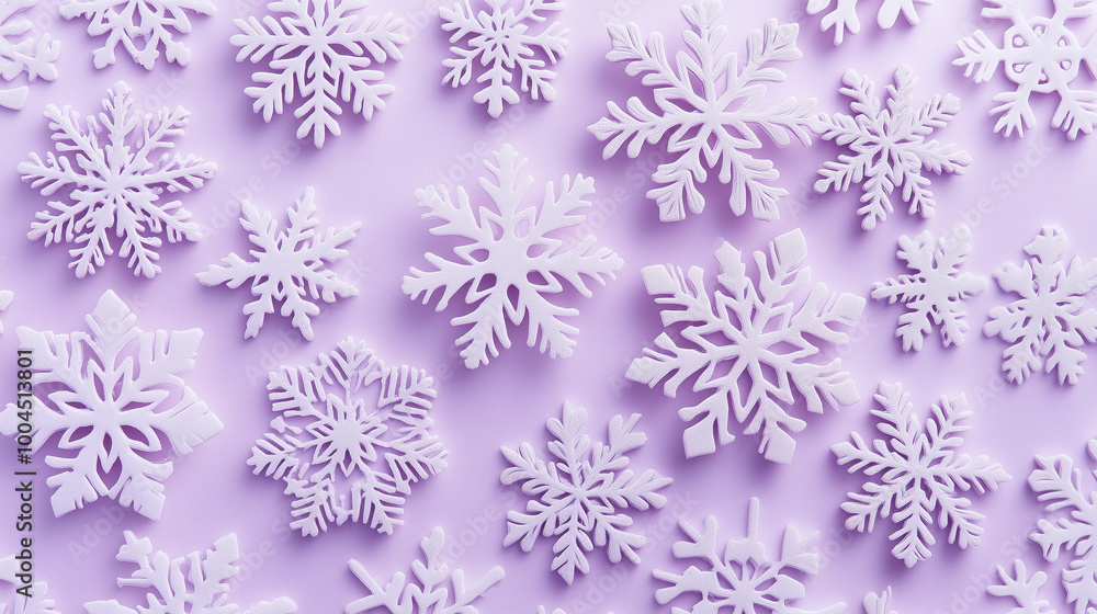 Assorted white paper snowflakes on a light purple background for winter decoration and crafts Assorted white paper snowflakes on a light purple background for winter decoration and crafts