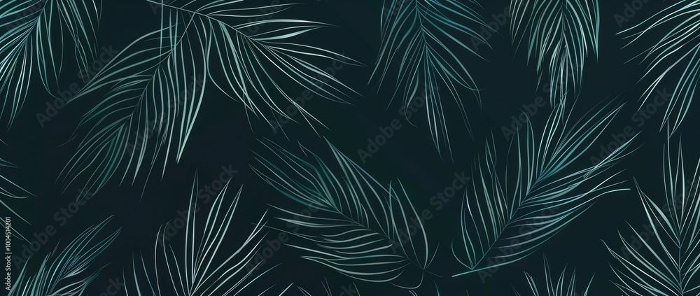 Hand-drawn, simple line art seamless pattern on a dark green background with lines in the shape of palm leaves Hand-drawn, simple line art seamless pattern on a dark green background with lines in the shape of palm leaves