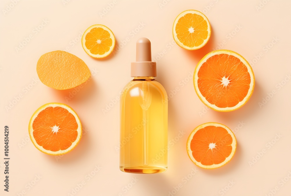 Vitamin C Serum Bottle with Oranges Flat Lay Vitamin C Serum Bottle with Oranges Flat Lay