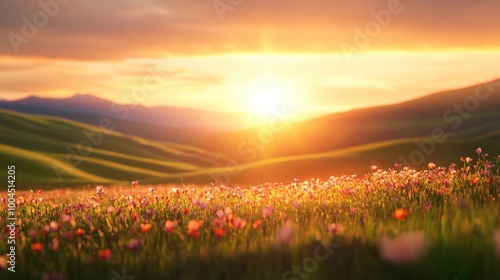 Scenic Rolling Hills at Sunset with Flowers