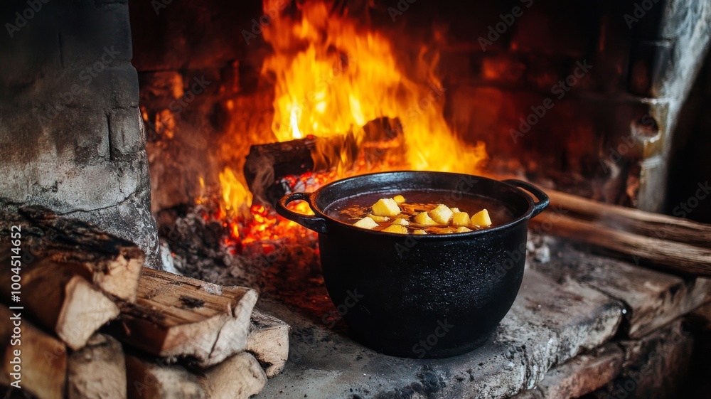 Black Cast Iron Pot with Food Cooking Over a Fire