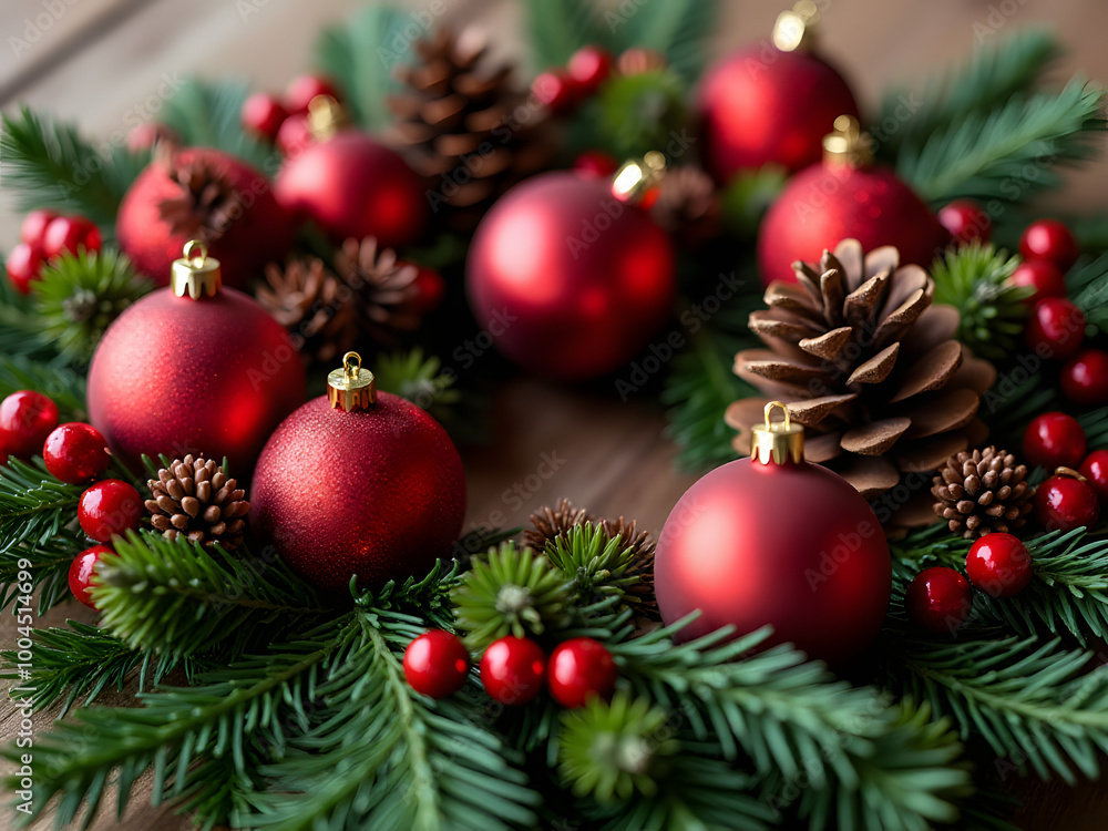 Fototapeta premium Festive Christmas decoration with red baubles, pine cones, berries, and evergreen fir branches, holiday wreath_00001_