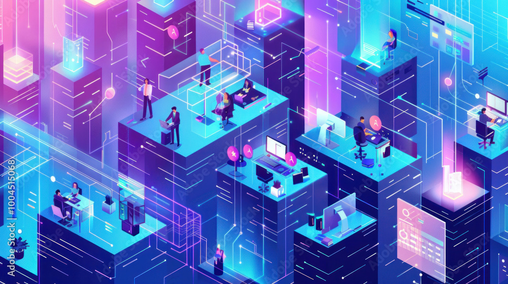 A modern decentralized workplace where employees access encrypted data, use AI for decision-making, and collaborate through secure, decentralized networks. A modern decentralized workplace where employees access encrypted data, use AI for decision-making, and collaborate through secure, decentralized networks.