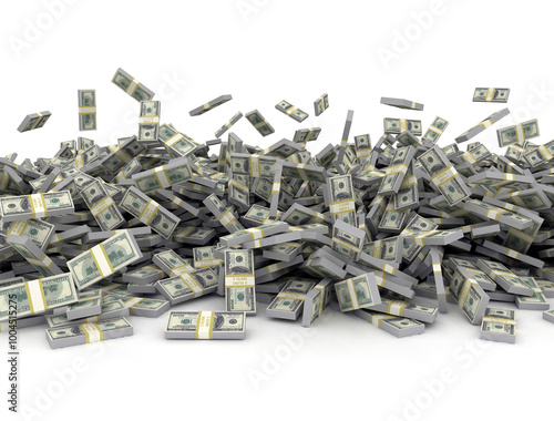 money heap falling cash us dollars isolated on white. 3D render	