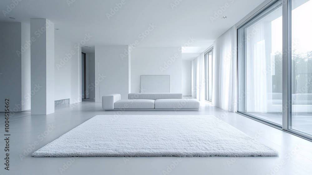 A minimalist living room with a soft, plush rug in light gray placed in the middle of the room. The walls and floor are both white, enhancing the clean and modern aesthetic A minimalist living room with a soft, plush rug in light gray placed in the middle of the room. The walls and floor are both white, enhancing the clean and modern aesthetic