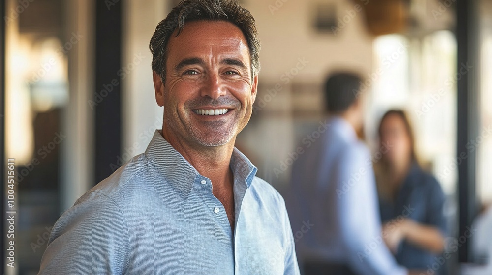 Friendly Man Smiling in Modern Indoor Space Friendly Man Smiling in Modern Indoor Space