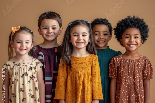 A group of five smiling children from diverse ethnic backgrounds standing together against a neutral background.