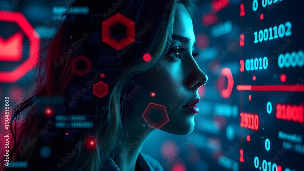 Digital Identity Concept with Woman and Glowing Data Points Digital Identity Concept with Woman and Glowing Data Points