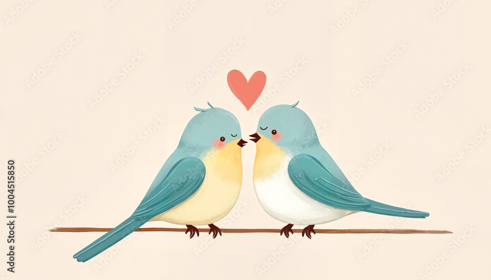 Two cute blue birds in love kissing on a branch, romantic illustration Two cute blue birds in love kissing on a branch, romantic illustration