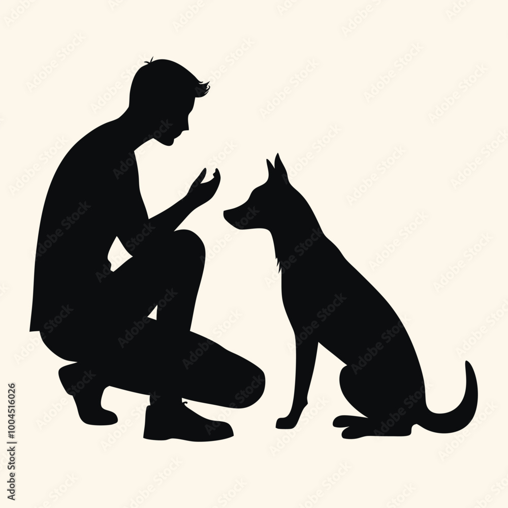 a man kneeling down and petting a dog, silhouette vector illustration, a man kneeling down and petting a dog, silhouette vector illustration,