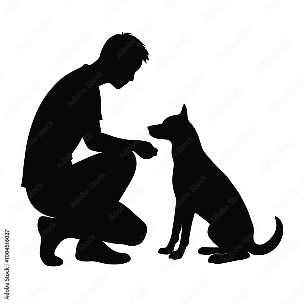 a man kneeling down and petting a dog, silhouette vector illustration, a man kneeling down and petting a dog, silhouette vector illustration,