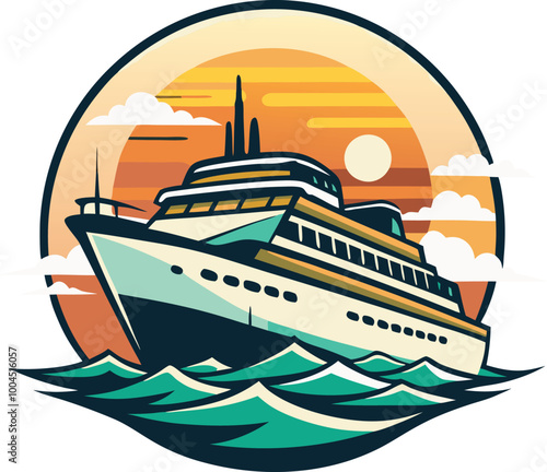 Action Cruise Ship T-Shirt Design with Green Vintage Sunset Vector
