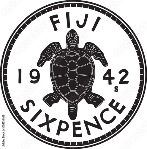 6 pence coin vector design Fiji currency with turtle in black color, handmade silhouette. photo