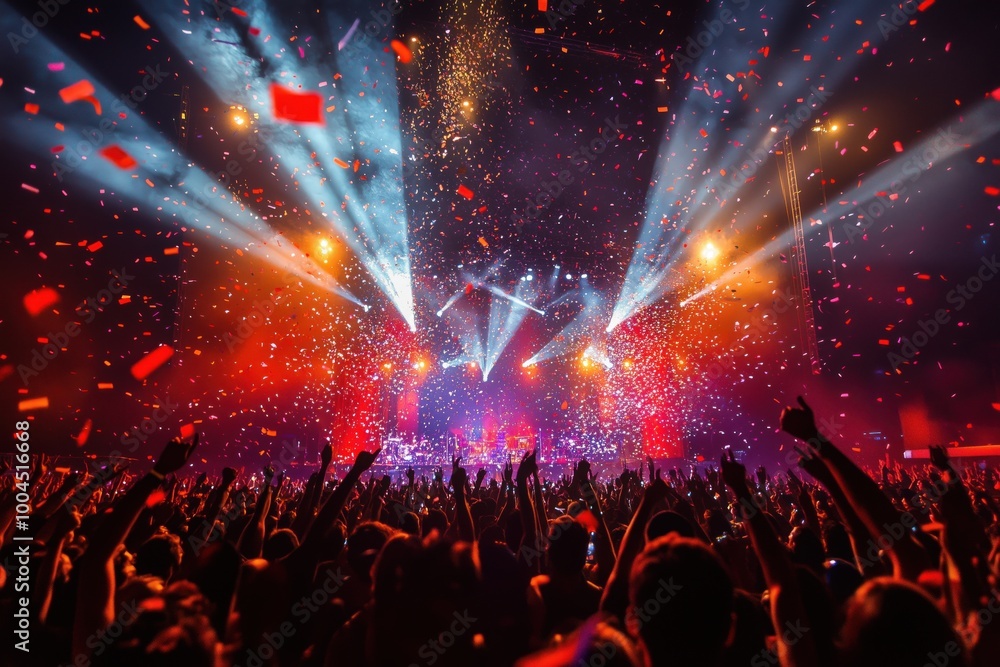 A massive crowd enjoying a vibrant rock concert with bright spotlights and confetti in the air. A massive crowd enjoying a vibrant rock concert with bright spotlights and confetti in the air.