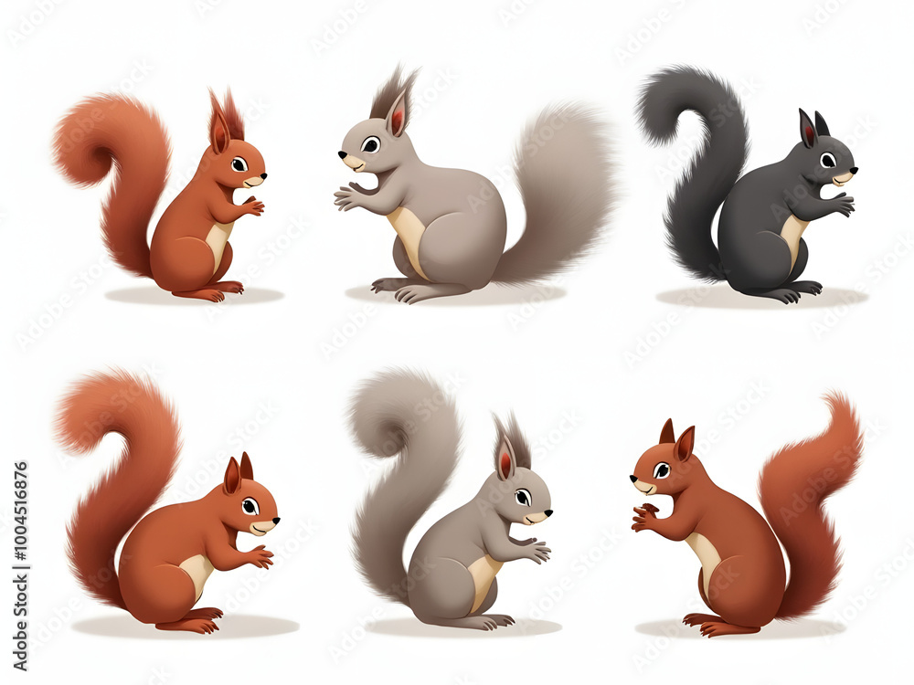 Squirrel collection, red, brown, grey, black, animal bundle isolated on white background_00001_ Squirrel collection, red, brown, grey, black, animal bundle isolated on white background_00001_