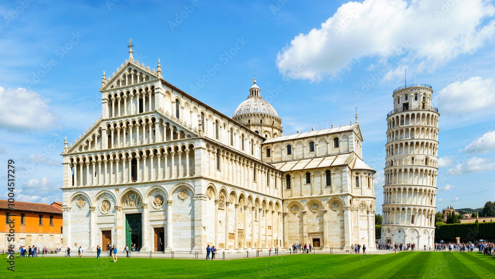 Obraz premium View of Leaning tower and the Basilica, Piazza dei miracoli, Pisa, Italy. Generative AI