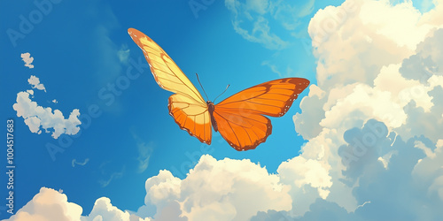 Butterfly in flight with wings fully extended against the sky, animal illustration