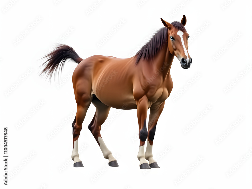 Fototapeta premium Brown horse standing and portrait, animal bundle isolated on a white background, white background_00001_