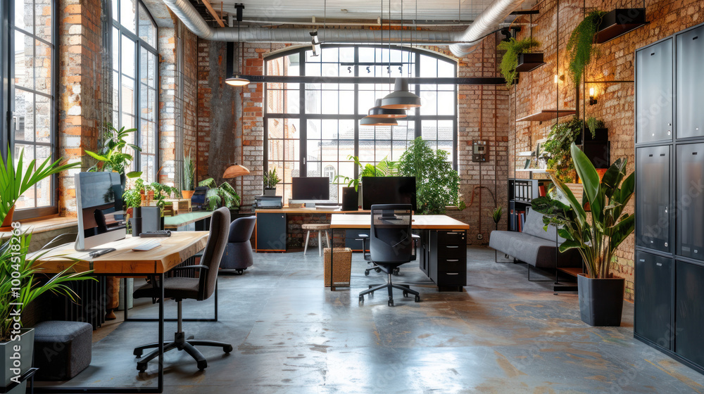 Naklejka premium A modern office showcasing the latest workplace trends, including biophilic design, sustainable materials, and tech-integrated furniture.