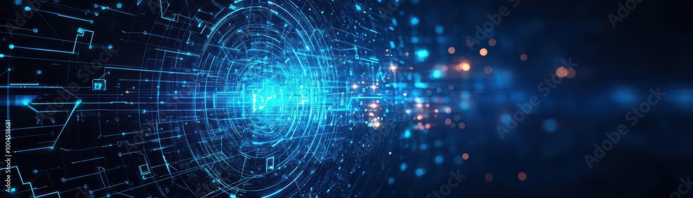 Dark blue space with glowing tech symbols, immersive digital environment Dark blue space with glowing tech symbols, immersive digital environment