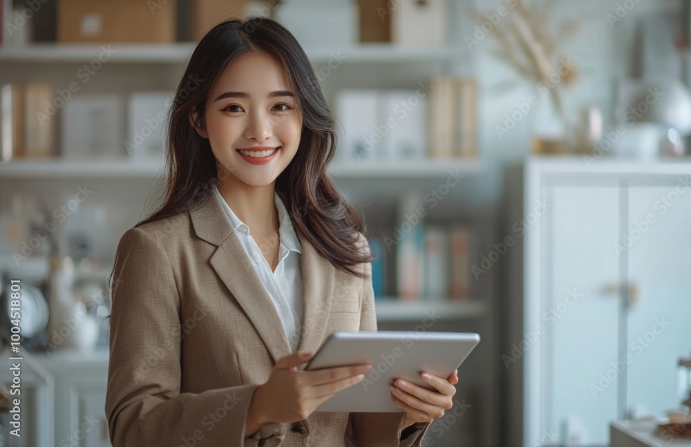 A young Asian businesswoman in a brown suit uses a tablet while standing at a desk A young Asian businesswoman in a brown suit uses a tablet while standing at a desk