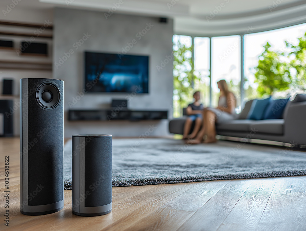 Smart Home Concept with Voice Assistant in Foreground - Modern Living Smart Home Concept with Voice Assistant in Foreground - Modern Living